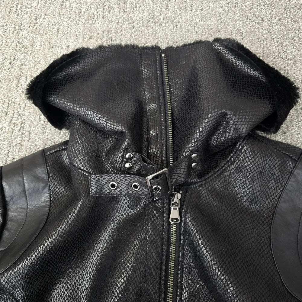 VTG Cache Faux Snakeskin Shimmer Leather Fur Trim Zip Jacket Womens‎ L